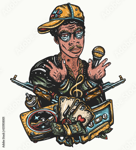 Hip hop man. Rap battle art. Cool rapper in baseball cap, guns, audio type. Gangster from ghetto. African American teenager musician, portrait. Street music culture. Tattoo and t-shirt design