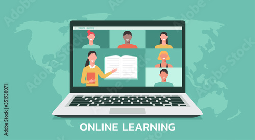 e-learning or online education, home school, teacher teaching students on computer laptop screen, distance learning all over the world, online course concept, new normal, vector flat illustration