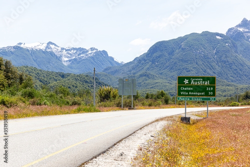 Sign of Carretera Austral Route - Mountais at background - Coyhaique, Aysén, Chile