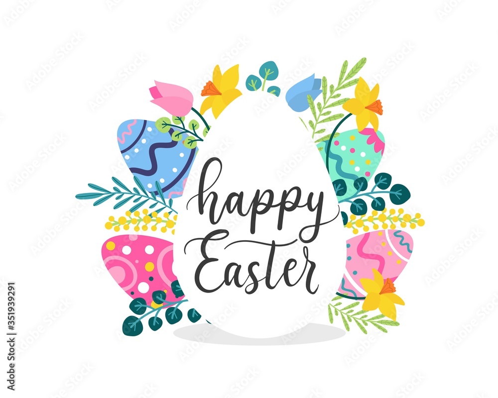Easter greeting card with blossoms and lettering vector illustration. Bright colourful decorations flat style. Warm spring holiday concept. Isolated on white background