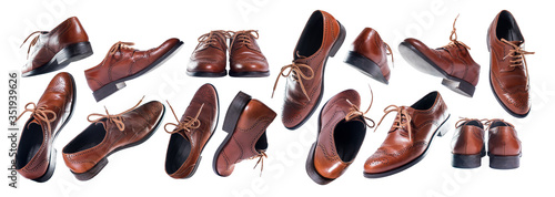 Set of classic brown leather shoes in perspective on white