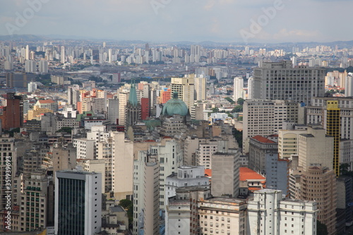 Aerial view of Sao Paulo city skyline with See Metropolitan Cathedral, Brazil