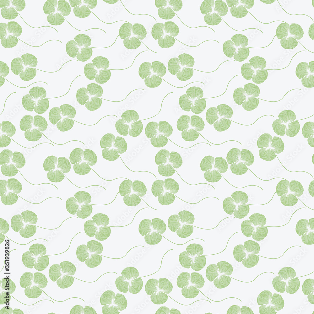 Vector flat pattern with colord green  leaf of clover on grey background.  Simple seamless. Fabric sample, textile swatch, clothes pattern. Flat design with stylize irish shamerock. Wallpaper design.