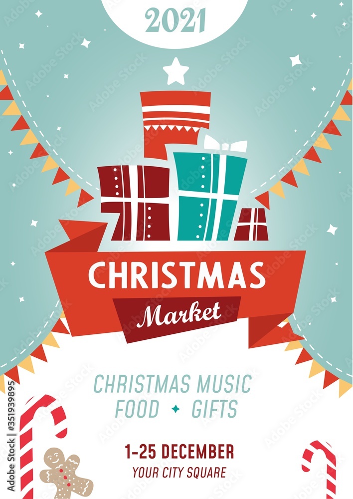 Bright colourful christmas market poster template vector illustration. Nameplate with lettering flat style. Advertising banner. Joyful and fun event. Happy new year and xmas concept