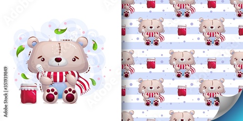 Set of illustration of cute sick teddy bear in a scarf and seamless pattern. Vector child illustration on a white background in the style of a cartoon