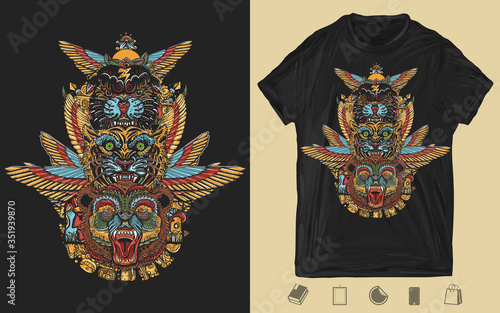 Golden wings, black panther, tiger and grizzly bear head. Mayan and Aztec style. Creative print for dark clothes. T-shirt design. Template for posters, textiles, apparels. Ancient totem