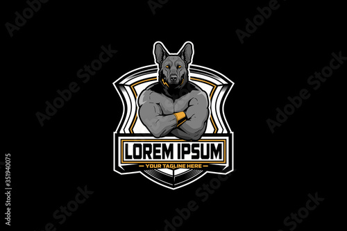 German Shepard dog with human body cartoon character vector badge logo template