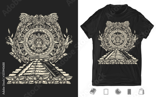 Aztec sun stone and pyramids Chichen Itzá and Kukulkan god (Feathered serpent). One color creative print for dark clothes. T-shirt design. Template for posters. Mayan calendar and ancient glyphs