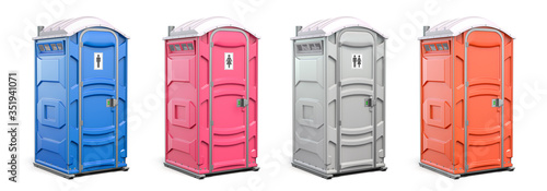 Portable plastic toilet or public facilities of different colors isolated on white.