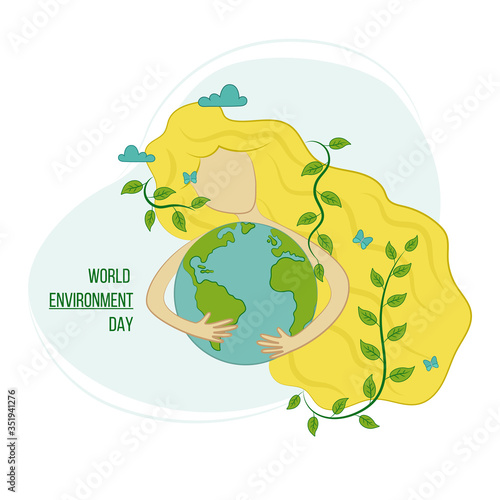 Earth Day, Environment Day, Earth Hour, environmental damage concept. The girl hugs and protects the ground. The concept of climate change, environmental problems and deforestation.