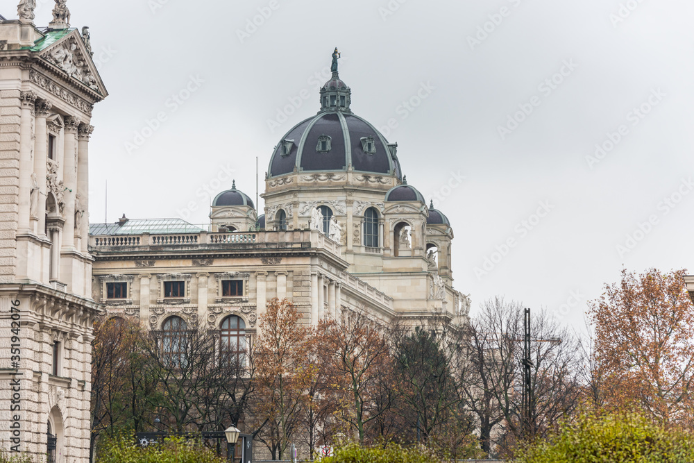 Dome of Museum of Fine Arts (Kunsthistorisches Museum) in a rainy day in Vienna, Austria.