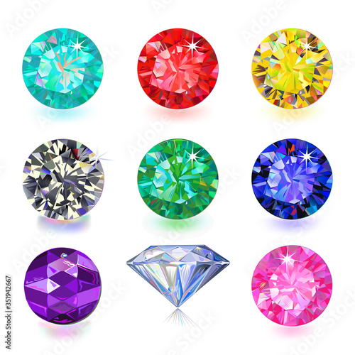 Gemstone cut color shape set isolated on white background
