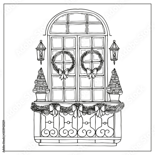 Balcony with flowers pots. Hand draw doodle graphics.