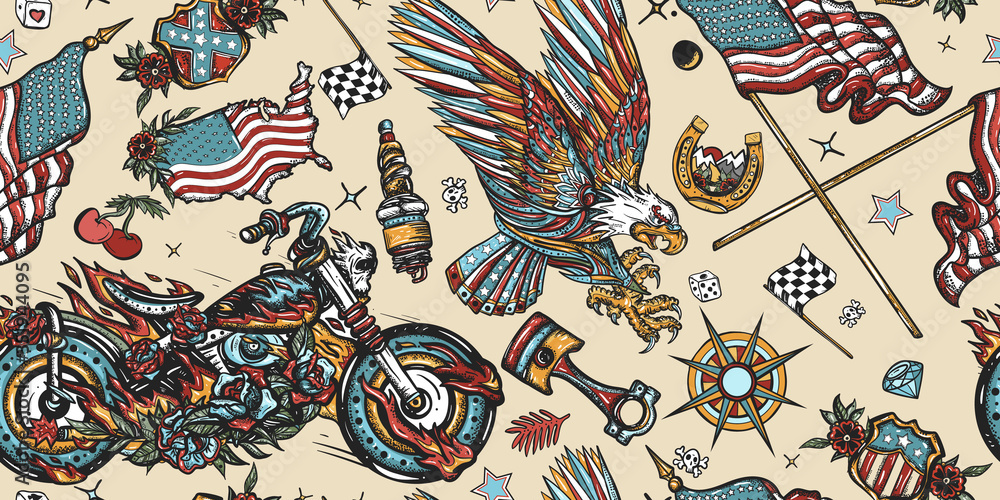 Bikers pattern. Bearded biker man and motorcycle. American patriotic eagle, moto sport flags, USA maps. Racing sport art, spark plugs, motor. Lifestyle of racers. Traditional tattooing background