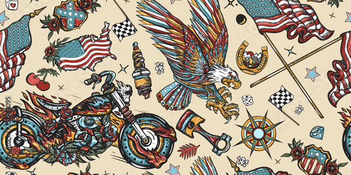 Bikers pattern. Bearded biker man and motorcycle. American patriotic eagle, moto sport flags, USA maps. Racing sport art, spark plugs, motor. Lifestyle of racers. Traditional tattooing background