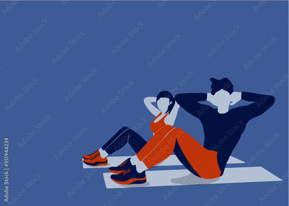 Home exercise. Friends help each other to exercise at home. Concept the healthy lifestyle. Vector illustration background Home exercise. Friends help each other to exercise at home. Concept the healthy lifestyle. Vector illustration background