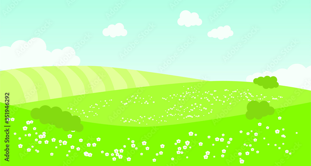 Green landscape with fields, clouds, daisies. Vector illustration.