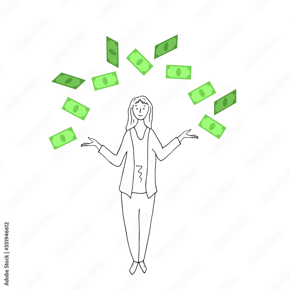 Woman and banknotes, dollars. Vector illustration. Woman and banknotes, dollars. Vector illustration.