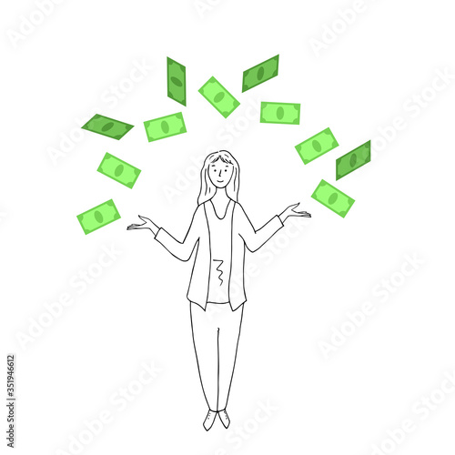 Woman and banknotes, dollars. Vector illustration.