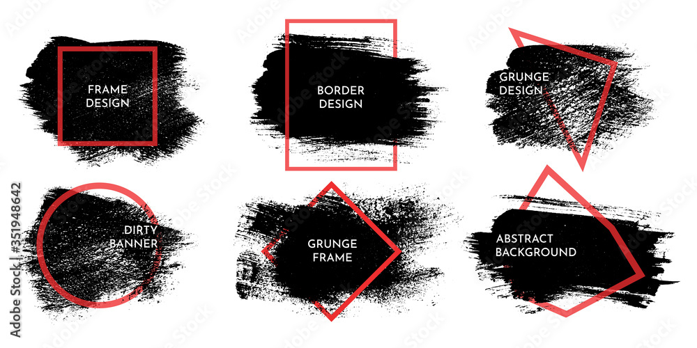 Vector illustration. Detailed closeup brush strokes set. Grungy banner. Dirty  graphic background. Design elements for banner, poster, cover, invitation  card. Black ink with red line frame Stock Vector | Adobe Stock