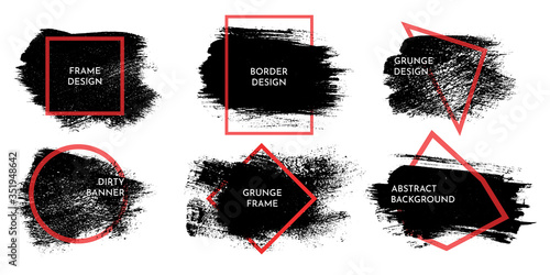 Vector illustration. Detailed closeup brush strokes set. Grungy banner. Dirty graphic background. Design elements for banner, poster, cover, invitation card. Black ink with red line frame