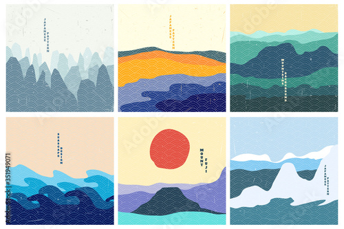 Vector illustration landscape. Japanese wave pattern. Mountain background. Asian style. Sea backdrop. Design for social media wallpaper, blog post template. Old paper with scratches, Colorful backdrop