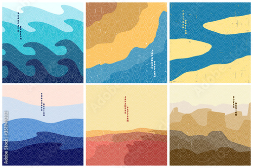 Vector illustration landscape. Japanese wave pattern. Mountain background. Asian style. Sea backdrop. Design for social media wallpaper, blog post template, card, poster. Ornament backdrop. Old paper