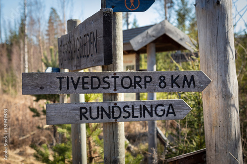 Sign on the munkastigen, Tiveden. Tivedstorp, Rundslinga. Hiking, Sweden photo
