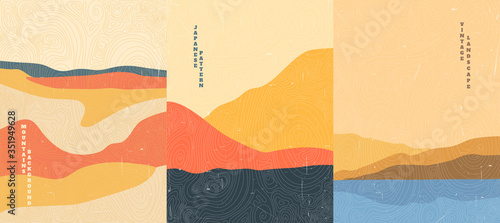 Vector illustration landscape. Wood surface texture. Japanese wave pattern. Mountain background. Asian style. Sunset scene. Sea backdrop. Design for poster, book cover, web template, brochure.