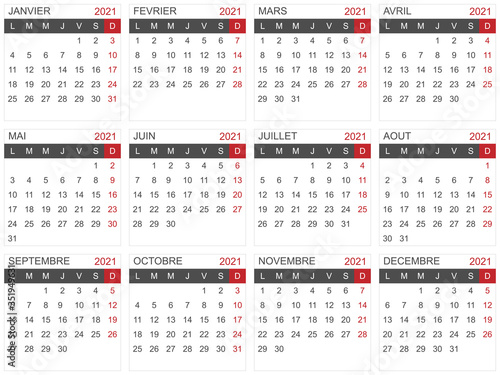 Modèle de calendrier 2021 pour agenda, planning, organiseur - textes vectorisés et non vectorisés sur calques séparés