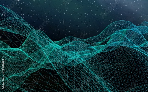 Abstract landscape on a dark background. Cyberspace grid. hi tech network. Outer space. Starry outer space texture. 3D illustration