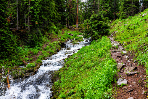 Fotografie Mountain river in rocky mountains in summer of 2019 on Conundrum Creek trail in