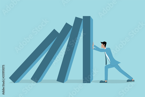 problem protection concept, businessman stop the big domino