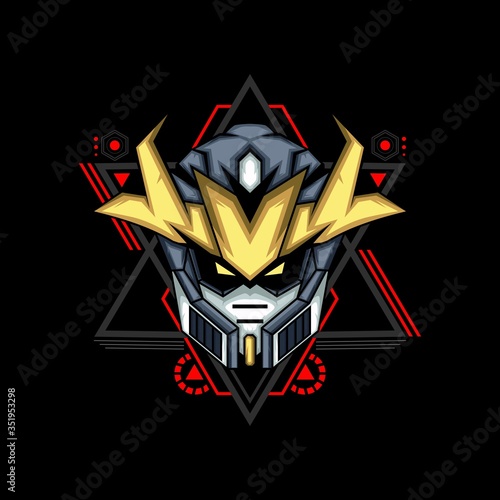 mecha robot head for merchandise, apparel or other with modern sacred geometry ornament