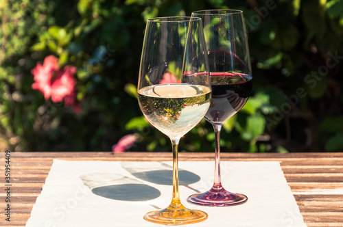 A glass of white and red wine stand on a linen tablecloth on a wooden table on a blurred background of a green bush with red flowers