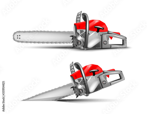 red professional chainsaw on a white background.
