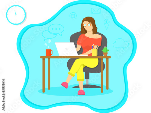 Work from home, Home office, study from home concept. Woman wear glasses siting on chair and working on laptop.