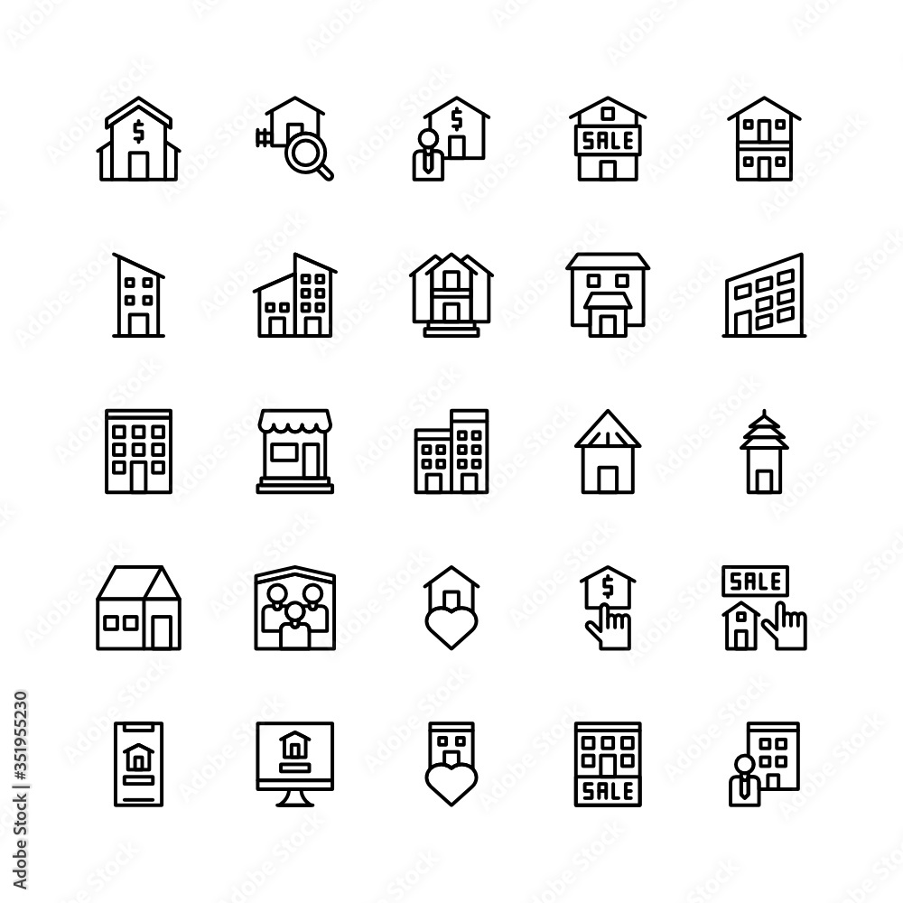 Set of Office, Home, House Property Sale outline style icon - vector