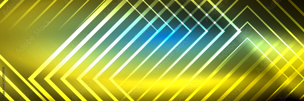 Shiny neon glowing techno lines, hi-tech futuristic abstract background template with square shapes Shiny neon glowing techno lines, hi-tech futuristic abstract background template with square shapes