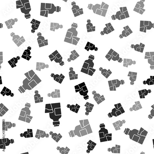Black Bottle of medicine syrup and dose measuring cup solid icon isolated seamless pattern on white background. Vector