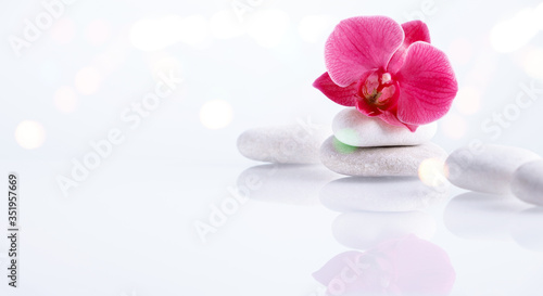 Wellness  relax  massage and wellbeing concept. Spa stones and orchid flower over white background. Copy space