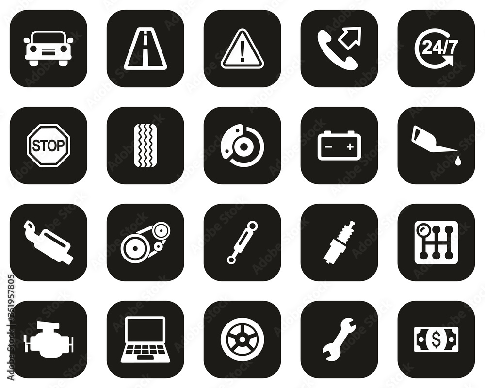 Road Assistance Service Icons White On Black Flat Design Set Big Road Assistance Service Icons White On Black Flat Design Set Big