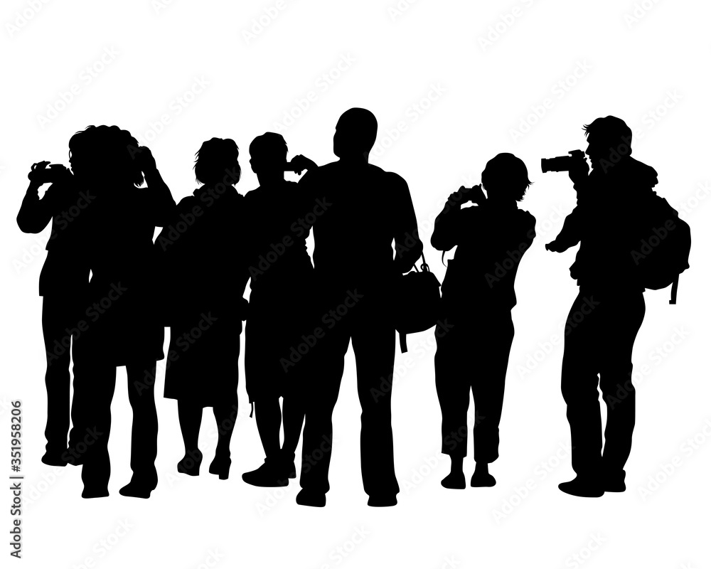 Photograph and photo camera on street. Isolated silhouettes of people on white background