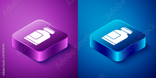 Isometric Sports nutrition bodybuilding proteine power drink and food icon isolated on blue and purple background. Square button. Vector