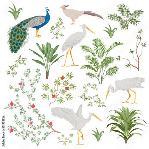 Set of design elements for exotic Chinoiserie with assorted tropical birds and greenery isolated on white, colored vector illustration