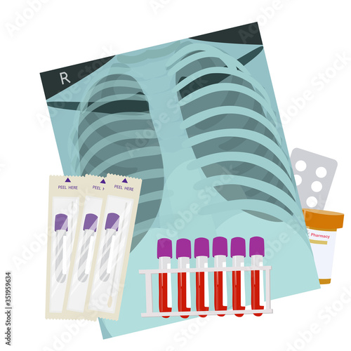 vector flat illustration isolated on white background chest x-ray, test tubes with blood tests on a stand, oropharynx test smear, virus test, medication.