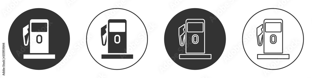Black Petrol or Gas station icon isolated on white background. Car fuel symbol. Gasoline pump. Circle button. Vector Black Petrol or Gas station icon isolated on white background. Car fuel symbol. Gasoline pump. Circle button. Vector