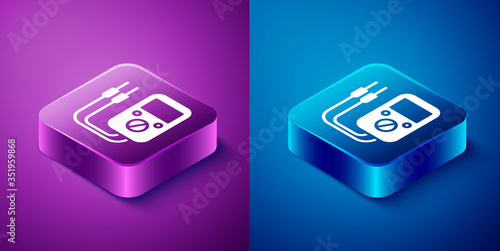 Isometric Ampere meter, multimeter, voltmeter icon isolated on blue and purple background. Instruments for measurement of electric current. Square button. Vector