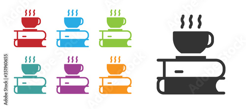 Black Coffee cup and book icon isolated on white background. Tea cup. Hot drink coffee. Set icons colorful. Vector
