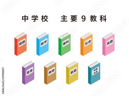 中学校の主要９科目の教科書アイコンセット